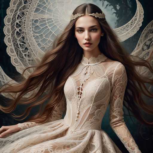 A young woman with long brown hair is the central figure in this image. She is wearing a white dress that features lace detailing and a corset-like bodice. The dress has a high neckline and long sleeves, giving it an elegant and sophisticated appearance. The woman's gaze is directed straight at the camera, creating a sense of connection with the viewer.