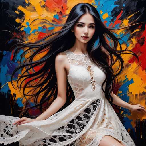 A woman with long dark hair is the central figure in a vibrant and abstract painting. She is wearing a white dress that contrasts with the colorful background behind her. The painting features splashes of red, blue, yellow, and black colors, creating an energetic and dynamic atmosphere.