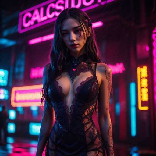 The image shows a woman standing in front of a neon sign that reads "CALLSIDE". She is wearing a black dress with lace detailing and has tattoos on her arms. The background features a cityscape at night, with the neon lights illuminating the scene.