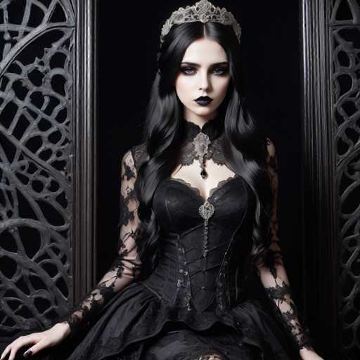 A woman with long dark hair is seated on a black chair against a black background featuring intricate metal designs and patterns. She wears a black dress adorned with lace detailing and a large tiara made of gold and silver. The woman's gaze is directed straight at the camera, creating an engaging portrait.