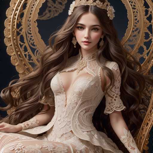 A beautiful young woman with long brown hair is seated on a golden chair adorned with intricate gold designs and a large flower at the top of her head. She is wearing an elegant white dress that features a corset-like bodice and a flowing skirt. The woman's face is lit up with a radiant smile, and she has a pair of earrings in her ears.