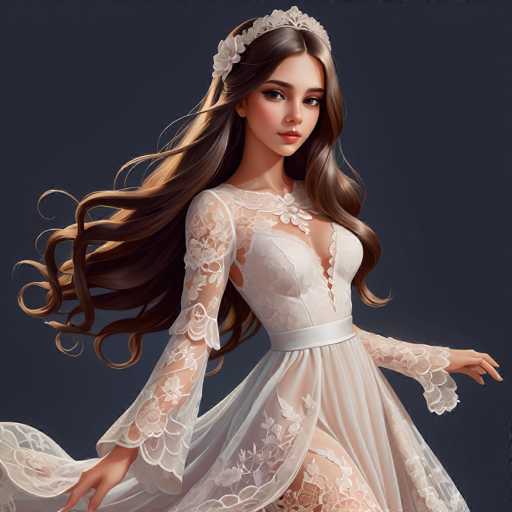 A woman with long brown hair is wearing a white lace dress and a tiara on her head. She has her left hand resting on her hip and her right hand extended out to the side. The background is dark blue, providing a stark contrast that makes the woman stand out.