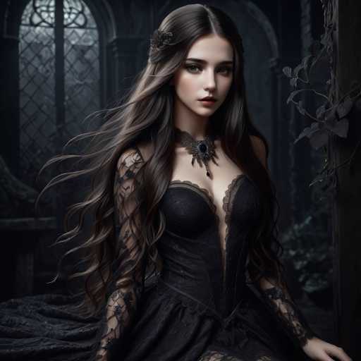 A young woman with long brown hair is the central figure in this image. She is wearing a black dress that features lace detailing and has her hair styled in loose waves. The background of the image is dark and filled with shadows, giving it an ethereal and mysterious atmosphere. There are no discernible texts or other objects present in the image.