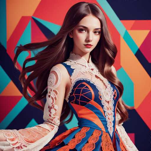 A young woman with long brown hair is the central figure in this image. She is wearing a blue and orange dress that features lace detailing on the bodice and sleeves. The background of the image is a vibrant display of geometric shapes in various colors including red, green, yellow, and blue.