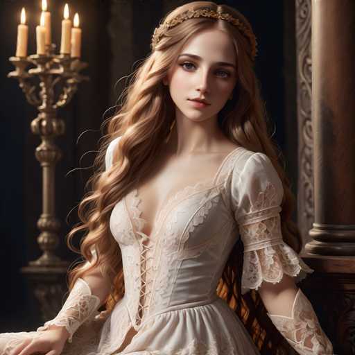 A beautiful young woman with long blonde hair is seated on a bench in front of a candelabra and pillar. She is wearing an elegant white dress adorned with lace sleeves and a gold headpiece. The candelabra behind her casts a warm glow that illuminates the scene, highlighting the intricate details of the woman's attire and the ornate design of the candelabra.