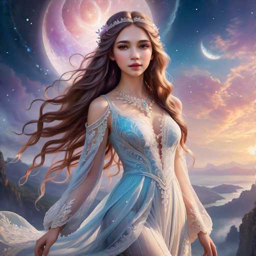 A woman with long brown hair is standing on a cliff overlooking a body of water under a pink and purple sky. She is wearing a blue dress adorned with white lace sleeves and a tiara. The background features a large planet and mountains in the distance.