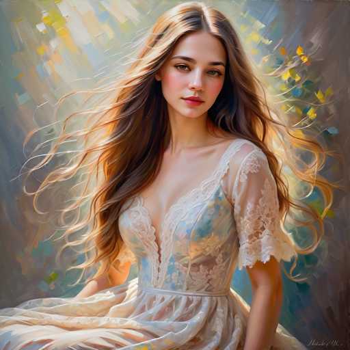 The image depicts a young woman with long brown hair wearing a white lace dress and sitting on her hands against a blue background. The painting style is realistic, capturing the details of the woman's face and body in great detail.
