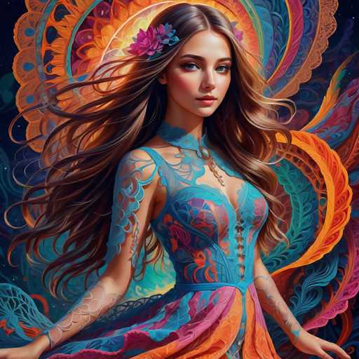 A young woman with long brown hair is the central figure in this digital illustration. She is wearing a blue dress adorned with intricate floral patterns and has her hair styled in loose waves that fall around her shoulders. The background of the image is a vibrant display of colors, predominantly orange and pink, which are reminiscent of a peacock's tail or a sunset sky.
The woman appears to be standing against this colorful backdrop, creating a striking contrast between her figure and the surrounding environment.