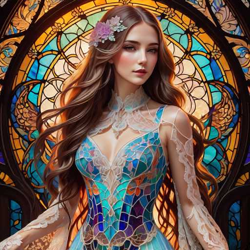 A woman with long brown hair is the central figure in a stained glass window. She is wearing a blue and white dress adorned with gold accents that includes a corset and a headpiece featuring a flower. The background of the image is a vibrant display of blue and green hues, likely representing stained glass elements.