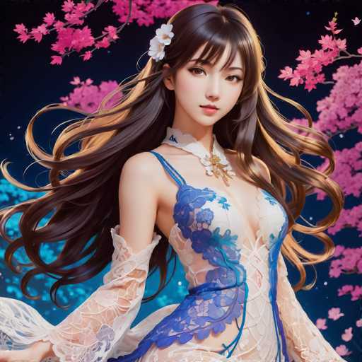 The image shows a woman with long brown hair wearing a blue and white dress adorned with lace sleeves and a gold necklace. The background is dark purple, filled with pink cherry blossoms that add a sense of depth to the scene.