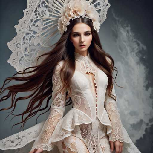 A woman with long brown hair is the main subject of this image. She is wearing a white dress that features lace detailing and a large flower crown on her head. The background is a dark gray color, which contrasts with the white elements in the foreground.