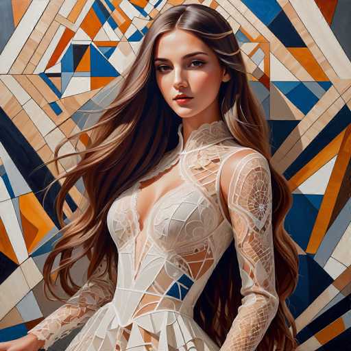 A woman with long brown hair is standing against a colorful geometric patterned wall. She is wearing a white dress with lace detailing and has her arms crossed over her chest.