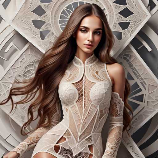 A woman with long brown hair is standing against a white background adorned with intricate black and white designs. She is wearing a white dress that features a lace bodice and skirt, which accentuates her figure. The woman's pose suggests she is posing for the photo, with her left hand resting on her hip and her right hand gently placed on her thigh.
The image does not contain any discernible text or other objects, making it a simple yet striking portrait of the woman in white attire against the stark black and white background.