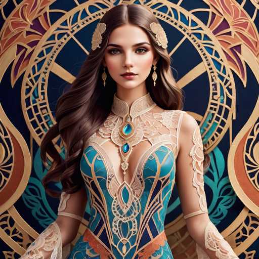 A woman with long brown hair is the central figure in a striking blue and gold dress adorned with intricate designs and patterns. She wears a large earring on her left ear and a necklace around her neck. The background features a vibrant blue and orange patterned wall that complements the woman's attire, creating an overall aesthetic of elegance and sophistication.