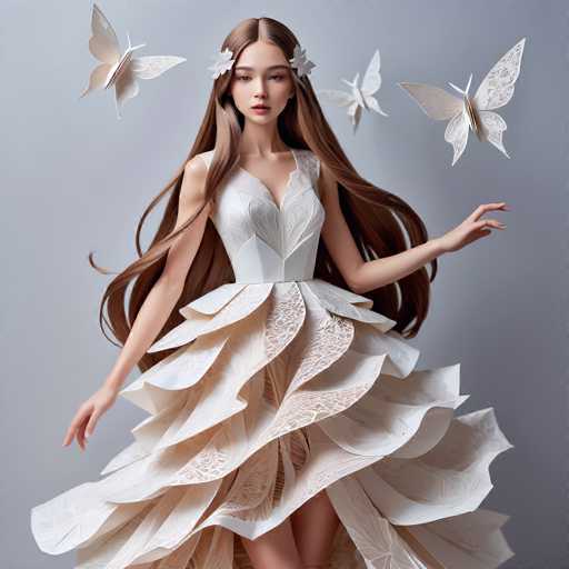 A young woman with long brown hair is the central figure in this image. She is wearing a white dress adorned with intricate lace detailing and has her arms outstretched as she gazes upwards at three butterflies fluttering around her head. The background of the image is a light gray color, providing a neutral backdrop that allows the focus to remain on the woman and her captivating pose.

The butterflies are positioned in such a way that they appear to be floating or hovering above the woman's head, creating an ethereal effect. The overall composition of the image is balanced, with the woman as the main subject and the butterflies serving as a secondary element that adds visual interest without overwhelming the viewer.