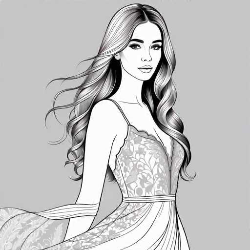 A black and white line drawing depicting a woman with long hair wearing a lace dress against a plain gray background.