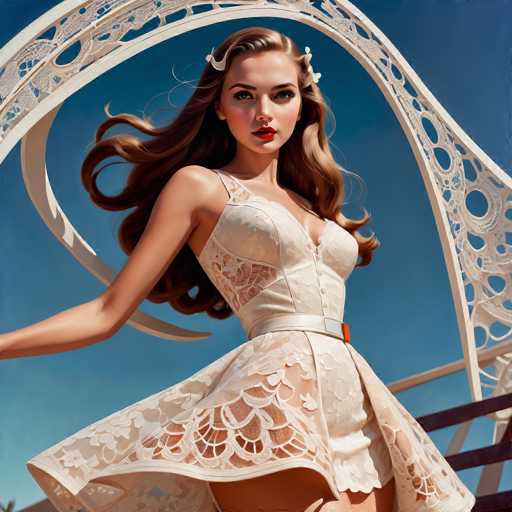 A woman with long brown hair is captured mid-stride on a white runway, wearing a white lace dress that flows behind her as she walks. The backdrop features an archway made of white circles and lines, adding to the overall aesthetic of the scene.