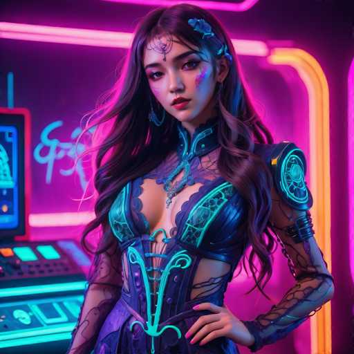 The image shows a woman with long brown hair wearing a blue and green dress adorned with intricate designs. She is standing against a backdrop of neon lights that create an ethereal glow around her. The woman's pose suggests she is posing for the photo, with one hand resting on her hip and the other extended outwards.