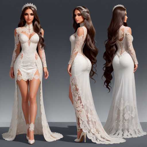 The image shows three different views of a woman wearing a white wedding dress with lace detailing and a tiara on her head. The dresses vary in length but share the same overall style and color scheme.