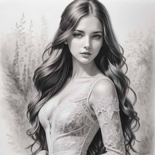 The image is a black and white portrait of a woman with long hair wearing a lace dress. The background features a blurred garden scene with trees and bushes.