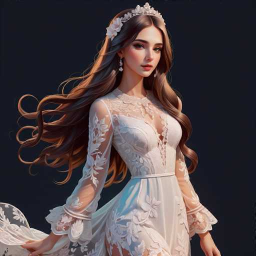 A woman with long brown hair is standing against a black background wearing a white dress with lace detailing and a tiara on her head.
