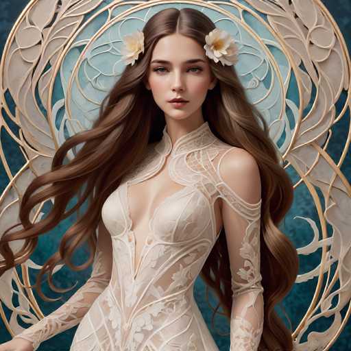 A young woman with long brown hair is the central figure in this image. She is wearing a white dress that features an intricate lace bodice and sleeves, giving her a regal appearance. The background of the image is a deep blue color, which contrasts beautifully with the white elements on the woman's dress. Two flowers are visible in the image - one on each side of the woman's head.