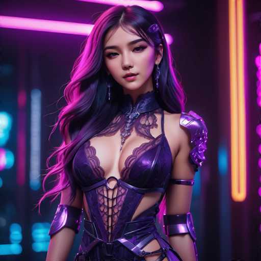 The image shows a woman with long dark hair wearing a purple dress and silver armor. She is standing against a backdrop of neon lights that create an ethereal glow around her. The woman's pose suggests she is in the midst of a performance or a photoshoot.