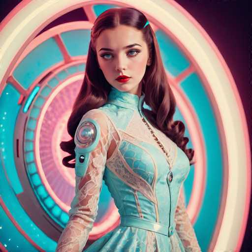 A young woman with long brown hair is standing against a black background adorned with blue and pink neon lights that create an ethereal glow around her. She is wearing a light blue dress with white lace detailing on the bodice and skirt, which contrasts beautifully with the dark surroundings. The woman's gaze is directed straight at the camera, creating a sense of connection between herself and the viewer.