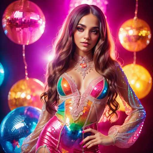 A woman is standing against a backdrop of colorful disco balls and balloons. She is wearing a sequined dress that sparkles under the lights. The woman has long brown hair and is looking directly at the camera with an air of confidence.