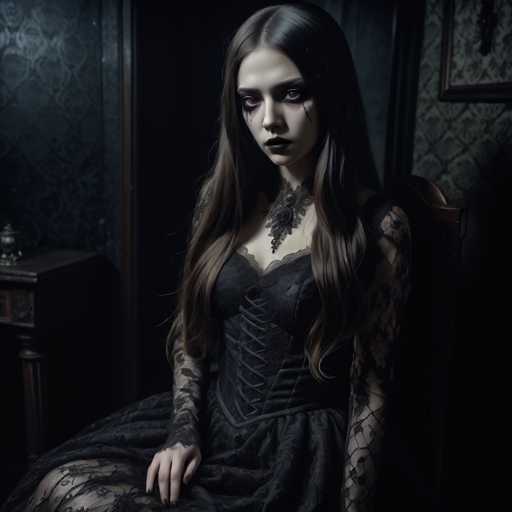 A woman with long brown hair is seated on a chair in front of a wooden table and a mirror. She is wearing a black dress with lace detailing and has dark makeup that includes dramatic eye shadow and lipstick. The room appears to be dimly lit, creating an atmosphere of mystery or intrigue.
