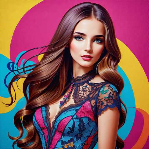 The image shows a woman with long brown hair wearing a blue and pink dress with a lace bodice and sleeves. She is looking directly at the camera with a serious expression on her face. The background features a vibrant mix of colors including yellow, pink, blue, green, and orange swirls that create an abstract pattern around the woman's head.