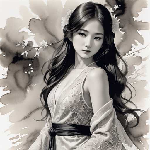 The image is a black and white portrait of a young woman with long hair wearing a white lace dress and a black sash around her waist. The background features a floral pattern that adds depth to the composition.