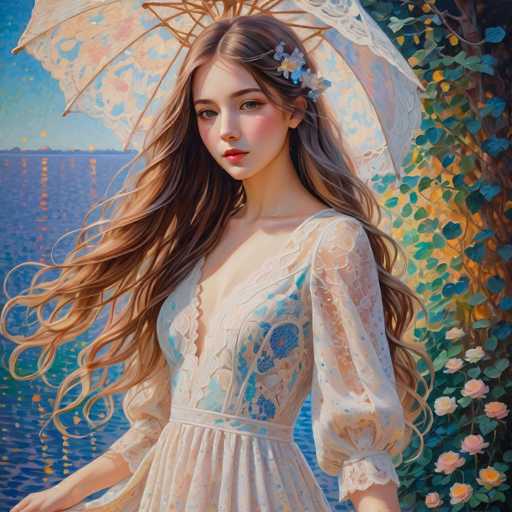 The image depicts a young woman with long brown hair wearing a white dress adorned with blue flowers and a lace bodice. She is holding an open umbrella over her head as she stands on the shore of a body of water, which appears to be a lake or sea. The background features trees and foliage, adding depth and context to the scene.