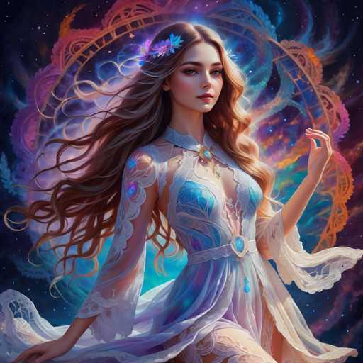 A beautiful young woman with long brown hair is the central figure in this digital illustration. She is adorned in a white dress that contrasts with her dark hair and features a blue necklace. The background of the image is a vibrant mix of purple and orange hues, creating an ethereal atmosphere. The woman's position is slightly off-center to the left, adding dynamism to the composition.