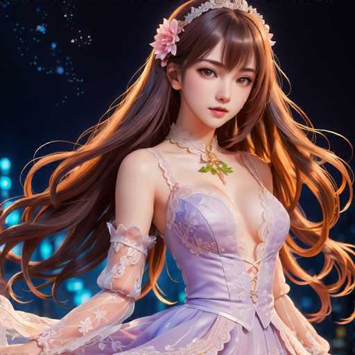 The image shows a close-up portrait of a woman with long brown hair and a flower in her hair. She is wearing a purple dress with lace sleeves and a corset, which adds to the elegance of her appearance. The background features a dark blue color that contrasts with the white flowers on her head, creating a visually striking effect.