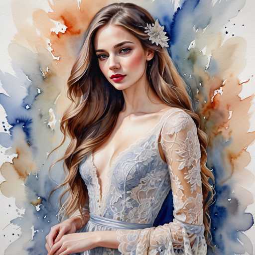 The image depicts a woman with long brown hair wearing a blue lace dress and holding a white flower in her hair. The background is a gradient of orange and blue colors, creating an abstract backdrop for the woman's portrait.