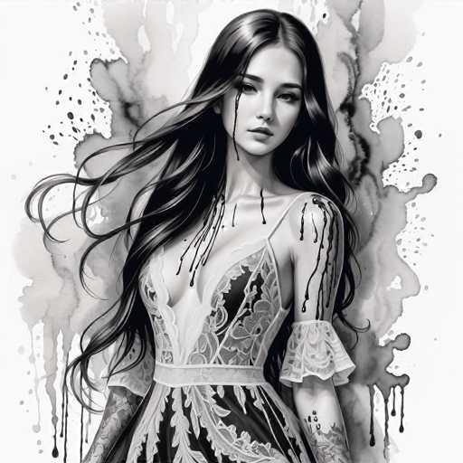 The image is a black and white portrait of a woman with long hair wearing a dress that has lace detailing on the bodice and sleeves. The woman's face features dark eyes and a slight smile. The background is filled with splatters of watercolor paint in various shades of gray, creating an abstract backdrop for the woman.
