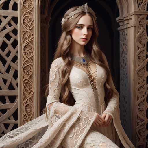 A young woman with long blonde hair is the central figure in this image. She is wearing a white dress adorned with lace and pearls, and she is also wearing a crown on her head. The setting appears to be an old building or castle-like structure, characterized by its intricate design featuring arches and columns.