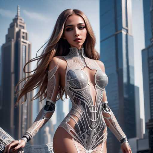 A woman with long brown hair is standing on a rooftop in front of tall buildings, wearing a futuristic bodysuit that features intricate designs and metallic accents.
