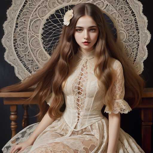 A young woman with long brown hair is seated on a wooden bench, wearing a white lace dress and a flower in her hair. The background features a black and white patterned fabric that appears to be made of lace or similar material.