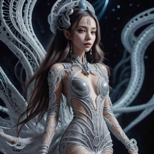 A woman with long brown hair is standing against a black background adorned with white lines and shapes that resemble tentacles or other forms of marine life. She is wearing a white dress with intricate designs on the bodice and skirt, which are complemented by a large headdress featuring feathers and jewels. The woman's pose suggests she is in a pose for a photograph, possibly at an event or during a photoshoot.