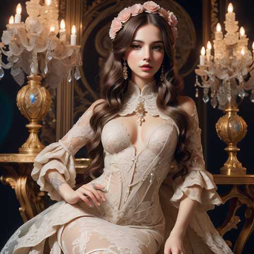 A beautiful young woman is seated on a golden chair in front of two ornate gold candlesticks and a large mirror with a floral design. She is wearing an elegant white dress adorned with lace detailing and a pink flower crown. The background features a black wall with gold accents, including a chandelier hanging from the ceiling.