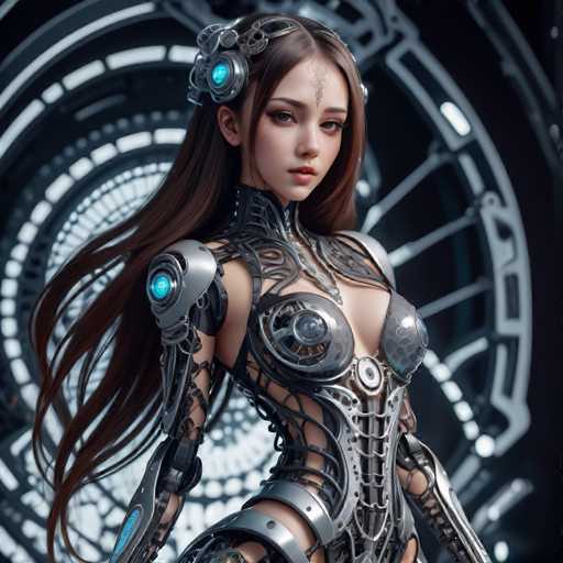 The image shows a close-up portrait of a woman with long brown hair and a metallic bodysuit that appears to be made of metal wires and tubes. The woman is wearing a headpiece adorned with blue flowers. The background features a circular pattern in shades of black and white, which contrasts with the woman's metallic appearance.