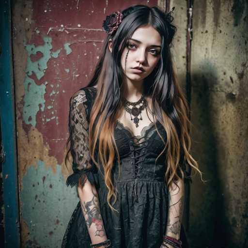 A young woman with long brown hair is standing against a red and blue wall. She is wearing a black dress that has lace sleeves and a corset-like top. The woman's face is partially obscured by her hair, but she is looking directly at the camera.