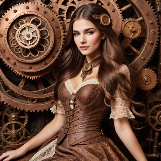 A woman with long brown hair is seated on a chair in front of a large machine that has gears and cogs painted in shades of gold and black. She is wearing a dress made of lace and a corset, which adds to the vintage aesthetic of the scene. The background features a large metal gear, further emphasizing the industrial theme of the image.