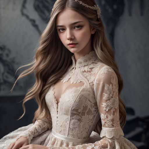 A young woman with long blonde hair is the central figure in this image. She is wearing a white dress that features lace detailing and a high neckline. The background of the image is dark gray, providing a stark contrast to her light-colored attire. There are no other discernible texts or objects present in the image.
