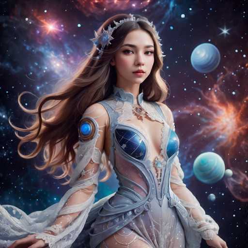 A woman with long brown hair is standing against a backdrop of stars and planets. She is wearing a blue dress that has a white bodice and sleeves, and she is also wearing a crown on her head. The background features a mix of blue and orange hues, suggesting the presence of distant planets or nebulae.
