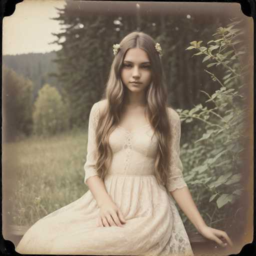 A young woman with long brown hair is seated on a bench in a field of tall grass and trees. She is wearing a white lace dress that contrasts with the natural surroundings. The image has a vintage or sepia tone, giving it an old-fashioned feel.