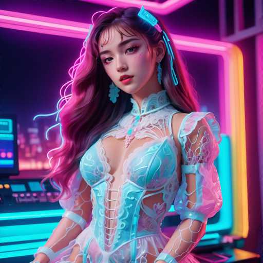 The image depicts a woman with long hair wearing a blue dress and a tiara on her head. She is standing against a neon background that changes colors from pink to yellow. The woman's pose suggests she is posing for the photo.