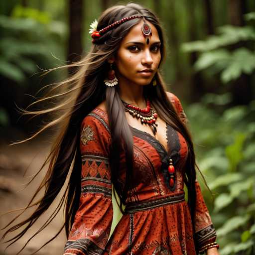 A woman with long brown hair is standing in a forest surrounded by trees and foliage. She is wearing an orange dress adorned with black patterns and a red headband featuring white flowers. The background of the image is blurred, but it appears to be a wooded area.